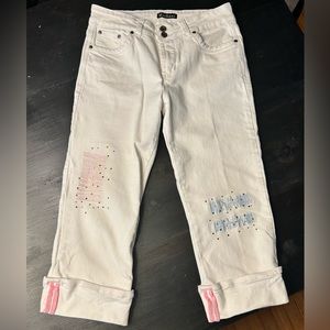 Merchant white denim embroidered and embellished capris. Size 10